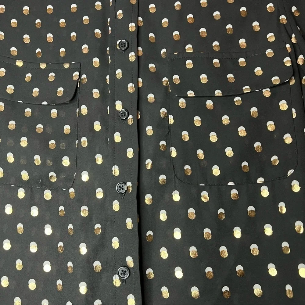 NWT Who What Wear Black Button Down Shirt with Gold & White Polka Dots Medium